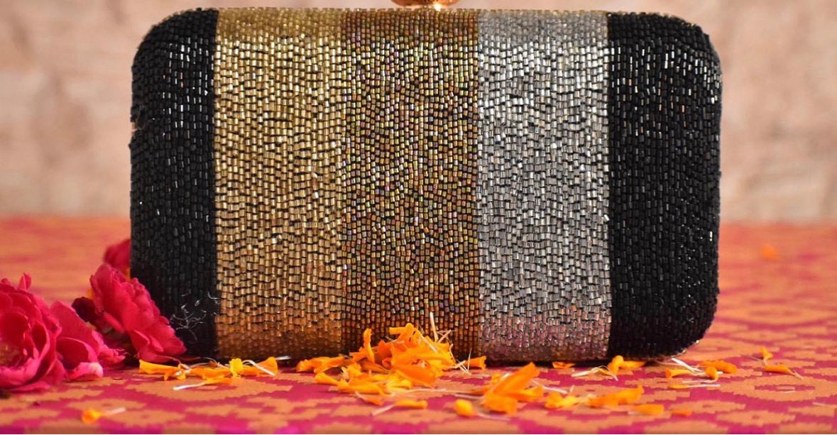 Handmade Beaded Clutch Purse with gold, copper, silver and black cut beads| Elegant Evening Bag - Perfect Gift for her