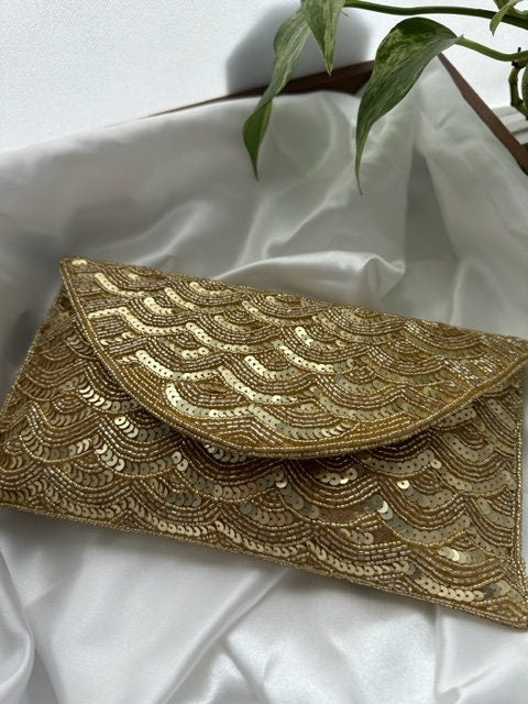 Gold Sequin and Bead Embellished Clutch | Handmade Evening Wristlet | Envelope Evening Bag | Bridal Clutch | Shoulder Bag | Crossbody