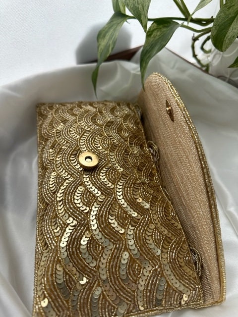 Gold Sequin and Bead Embellished Clutch | Handmade Evening Wristlet | Envelope Evening Bag | Bridal Clutch | Shoulder Bag | Crossbody