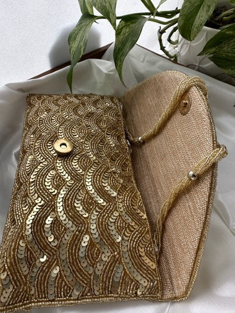 Gold Sequin and Bead Embellished Clutch | Handmade Evening Wristlet | Envelope Evening Bag | Bridal Clutch | Shoulder Bag | Crossbody