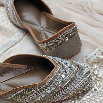 Silver silk base juttis - handmade genuine leather punjabi jutti/khussa/mojari/flats/bridal shoes
