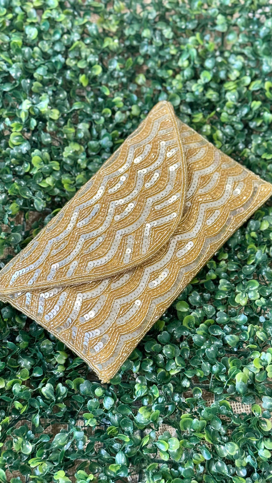 Gold Sequin and Bead Embellished Clutch | Handmade Evening Wristlet | Envelope Evening Bag | Bridal Clutch | Shoulder Bag | Crossbody