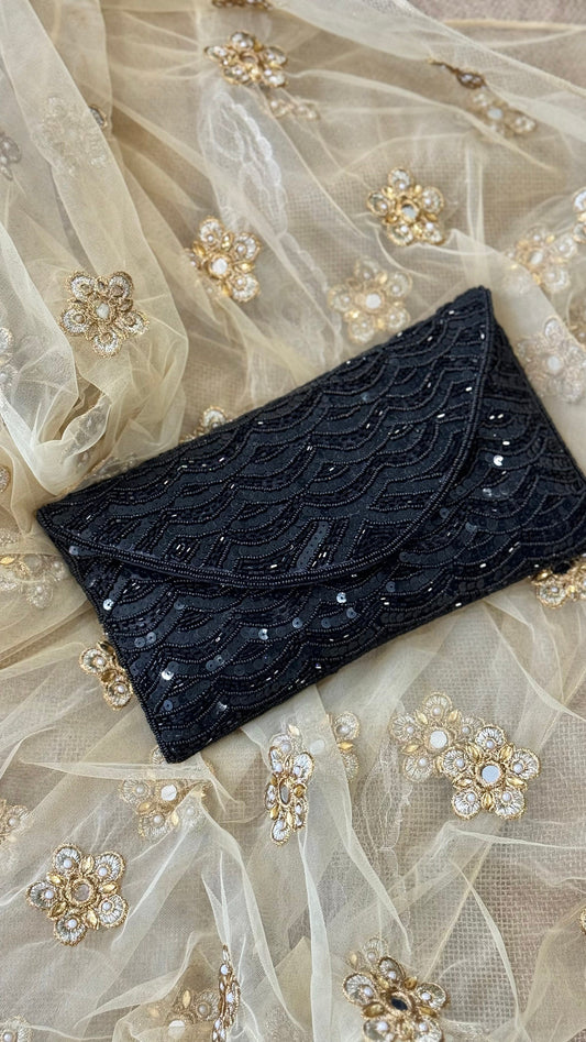 Black Sequin and Bead Embellished Clutch | Handmade Evening Wristlet | Envelope Evening Bag | Bridal Clutch | Shoulder Bag | Crossbody