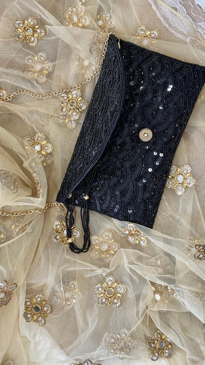Black Sequin and Bead Embellished Clutch | Handmade Evening Wristlet | Envelope Evening Bag | Bridal Clutch | Shoulder Bag | Crossbody